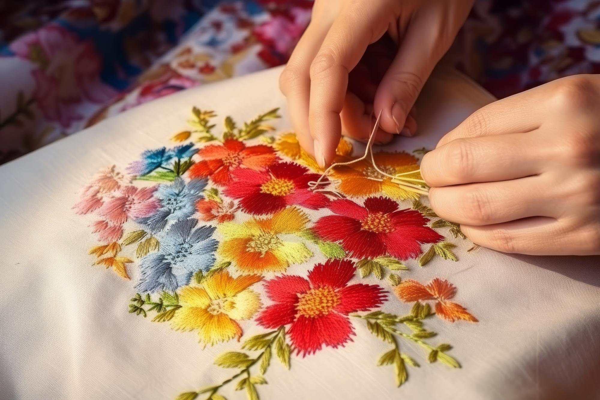 Hands embroidering a floral motif in studio